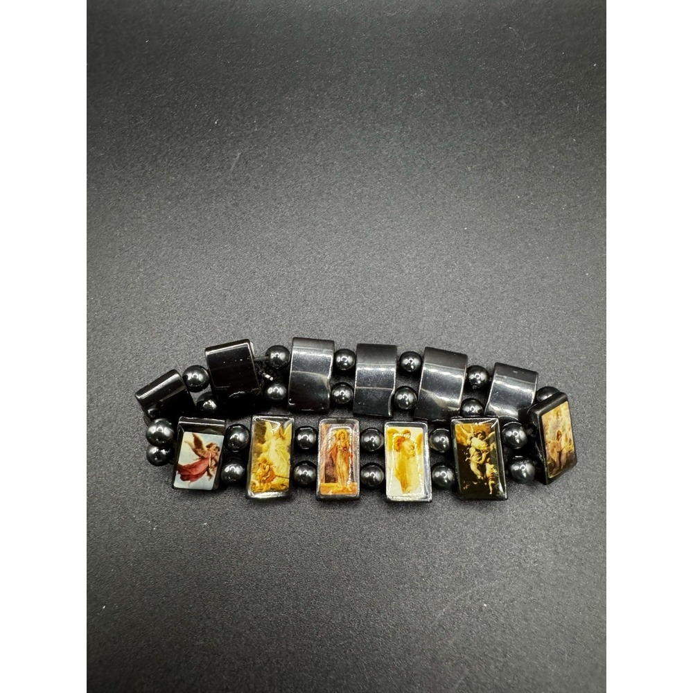 Religious Angel Icon Hematite Style Stretch Bracelet Gunmetal Tone Devotional